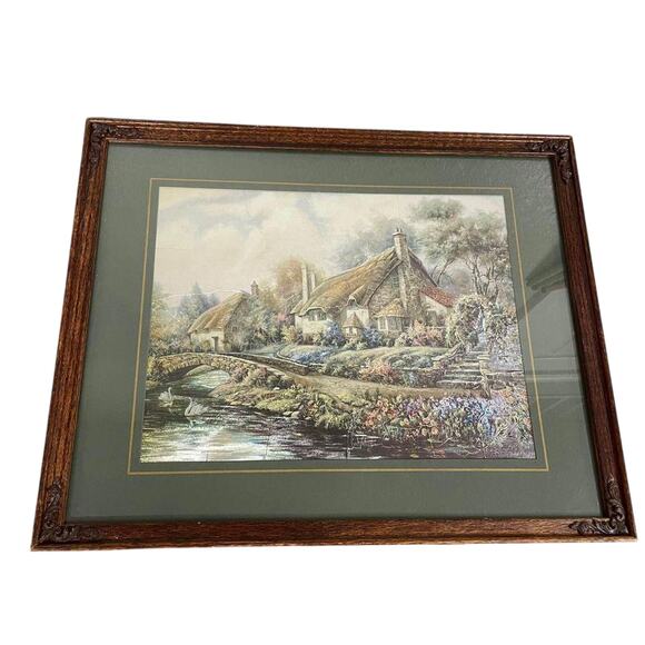 Wood Framed Foil Reflective Art Print Cottage House River Bridge PRINT HANGING